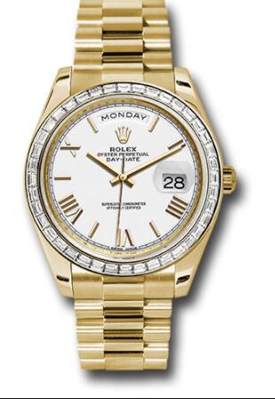 Replica Rolex Yellow Gold Day-Date 40 Watch 228398TBR Bezel White Bevelled Roman Dial President Bracelet